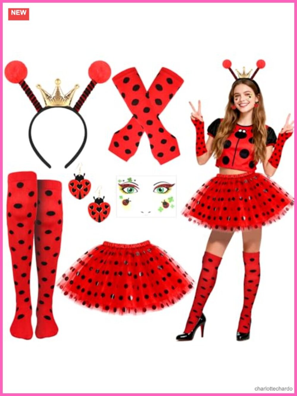 Ladybug Costume Set Tutu Headband Earrings Socks Gloves Halloween Cosplay